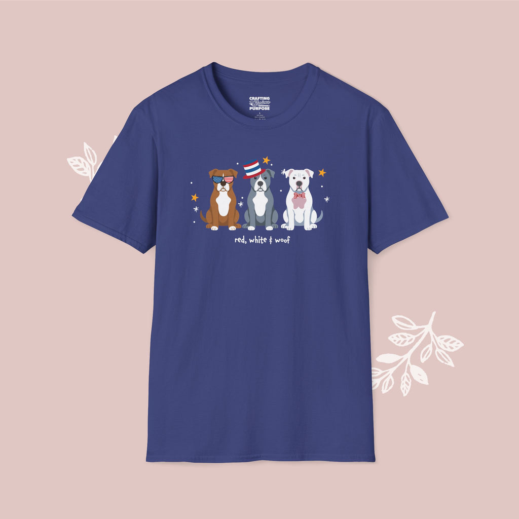 Pitbull Patriotic Dog Trio T-Shirt — 'Red, White & Woof' Cute America Graphic Tee