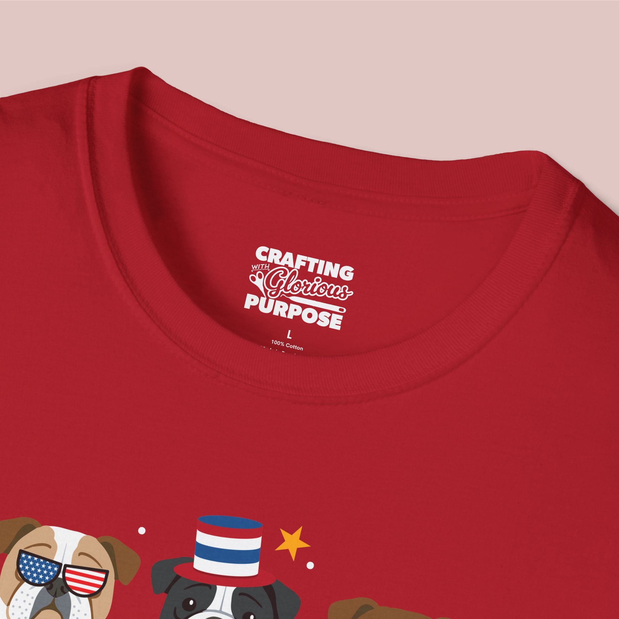English Bulldog Patriotic Dog Trio T-Shirt — 'Red, White & Woof' Cute America Graphic Tee
