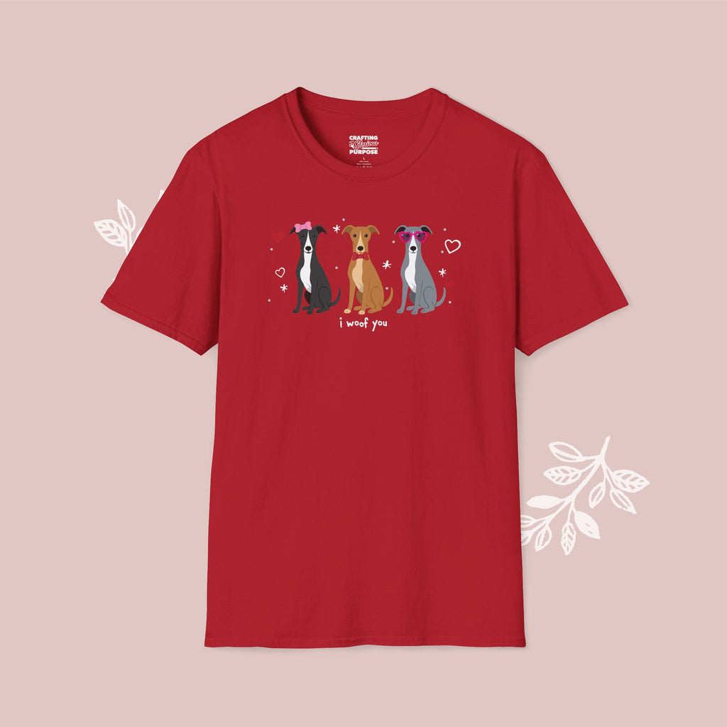 I Woof You Cute Greyhound Trio Dog Tee — Valentine's T-Shirt