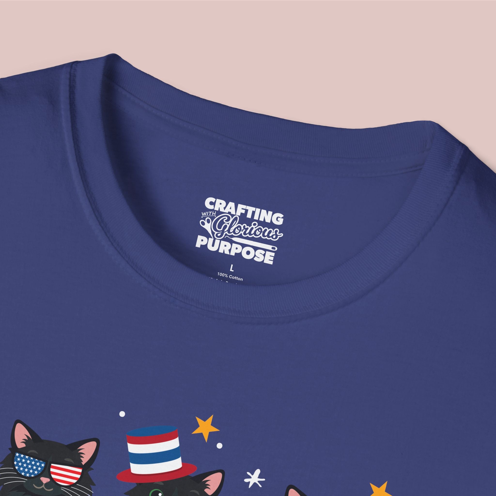 Blue t-shirt with a graphic of cats wearing American flags and a slogan on a beige background
