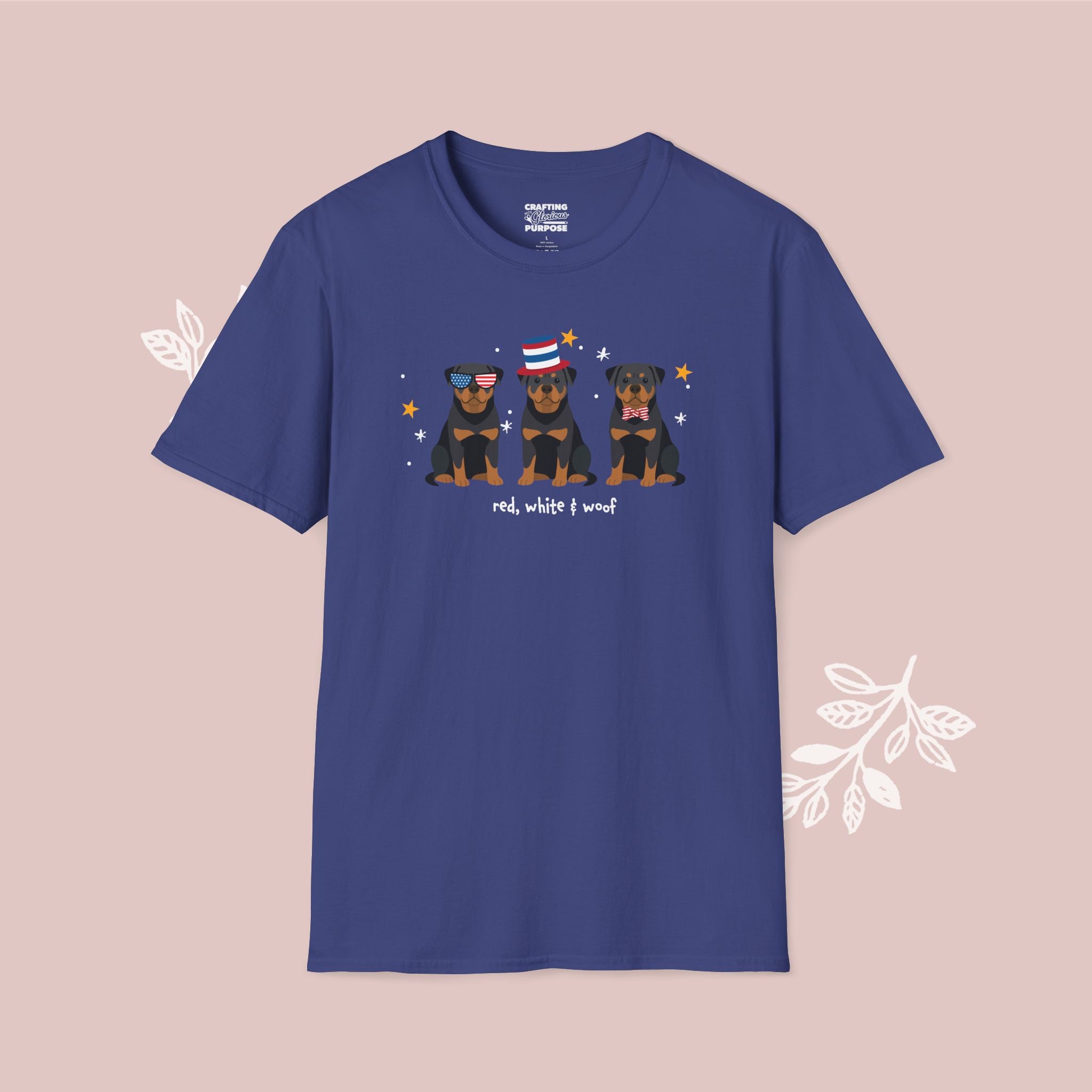 Rottweiler Patriotic Dog Trio T-Shirt — 'Red, White & Woof' Cute America Graphic Tee