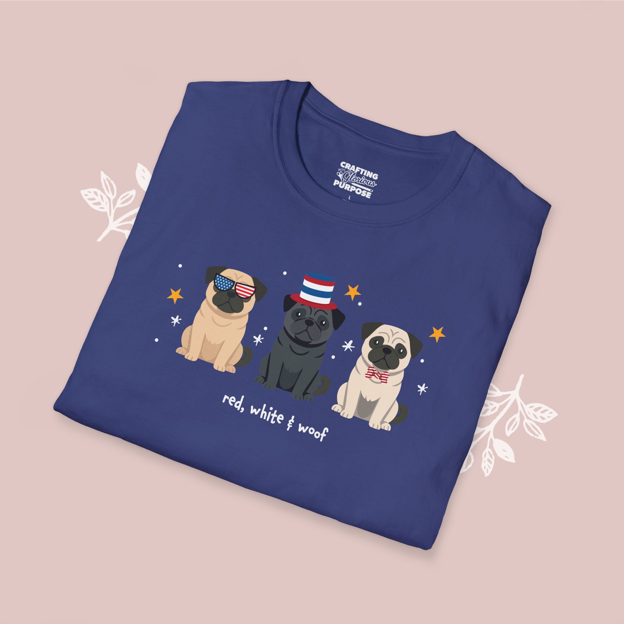 Pug Patriotic Dog Trio T-Shirt — 'Red, White & Woof' Cute America Graphic Tee