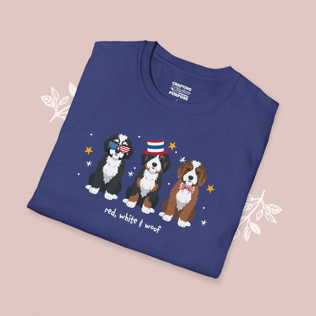 Bernedoodle Patriotic Dog Trio T-Shirt — 'Red, White & Woof' Cute America Graphic Tee