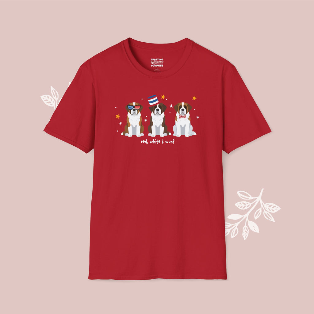Saint Bernard Patriotic Dog Trio T-Shirt — 'Red, White & Woof' Cute America Graphic Tee