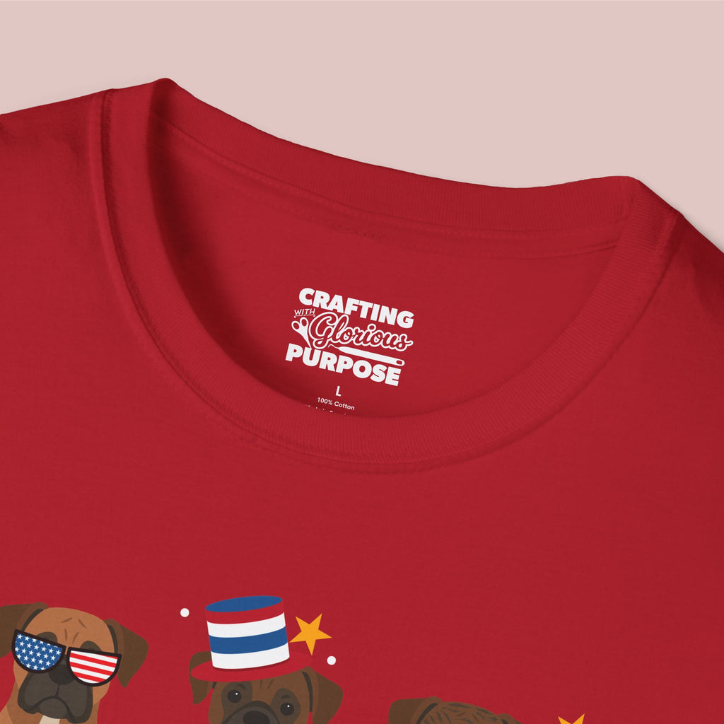 Boxer Patriotic Dog Trio T-Shirt — 'Red, White & Woof' Cute America Graphic Tee