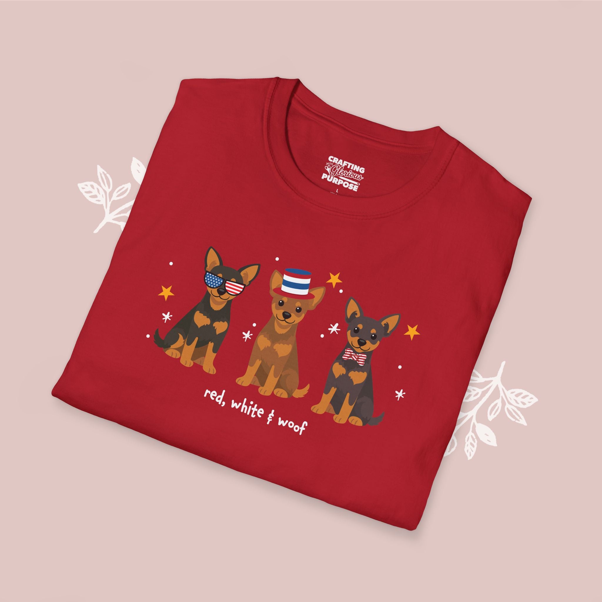 Mini Pinscher Patriotic Dog Trio T-Shirt — 'Red, White & Woof' Cute America Graphic Tee