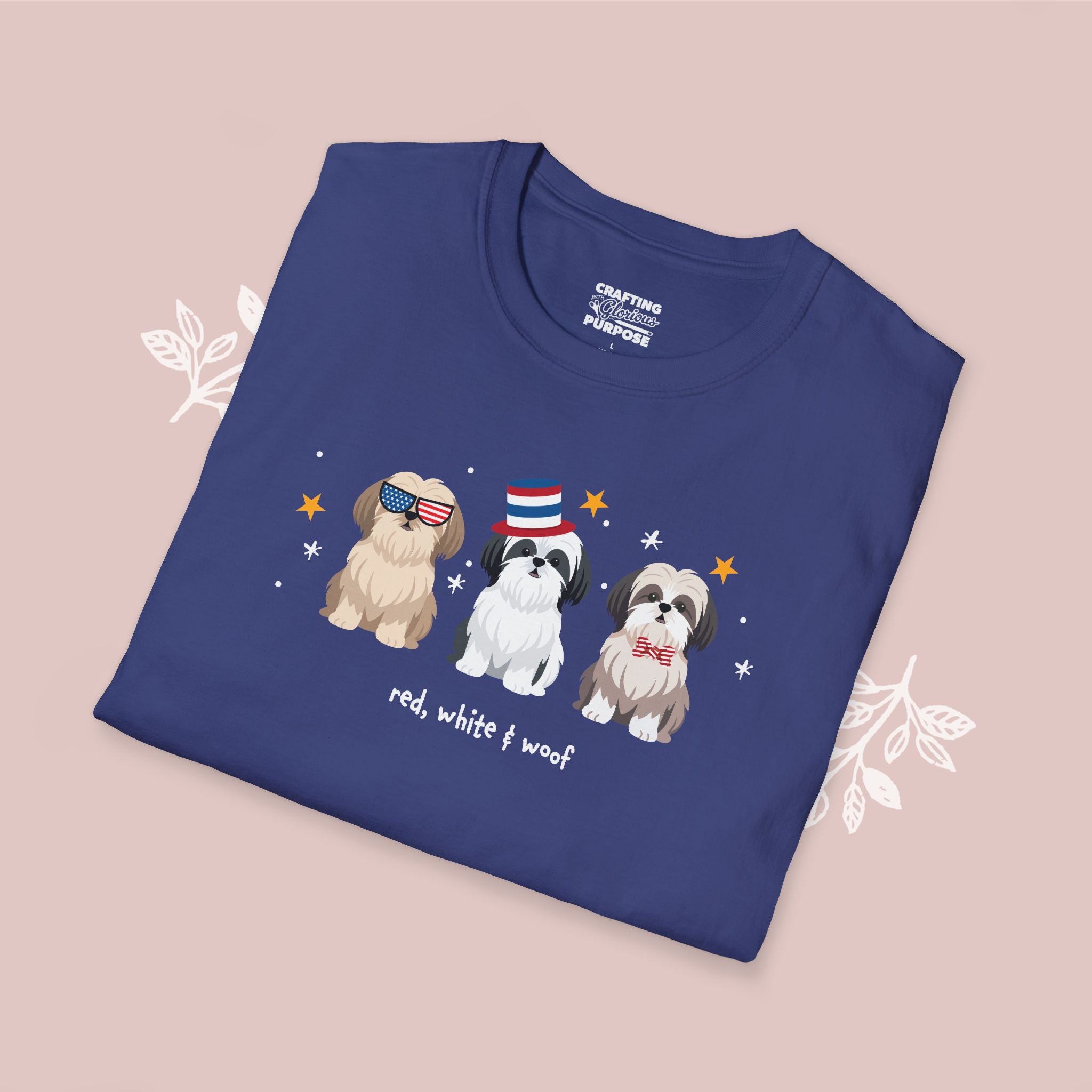 Shih Tzu Patriotic Dog Trio T-Shirt — 'Red, White & Woof' Cute America Graphic Tee
