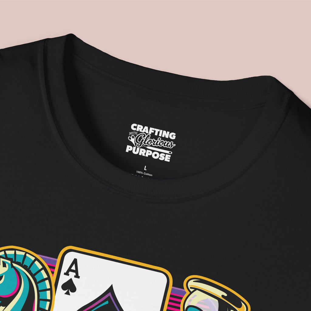 Gamer Board Game Graphic T-Shirt — Retro Dice, Cards & Chess Pieces Design