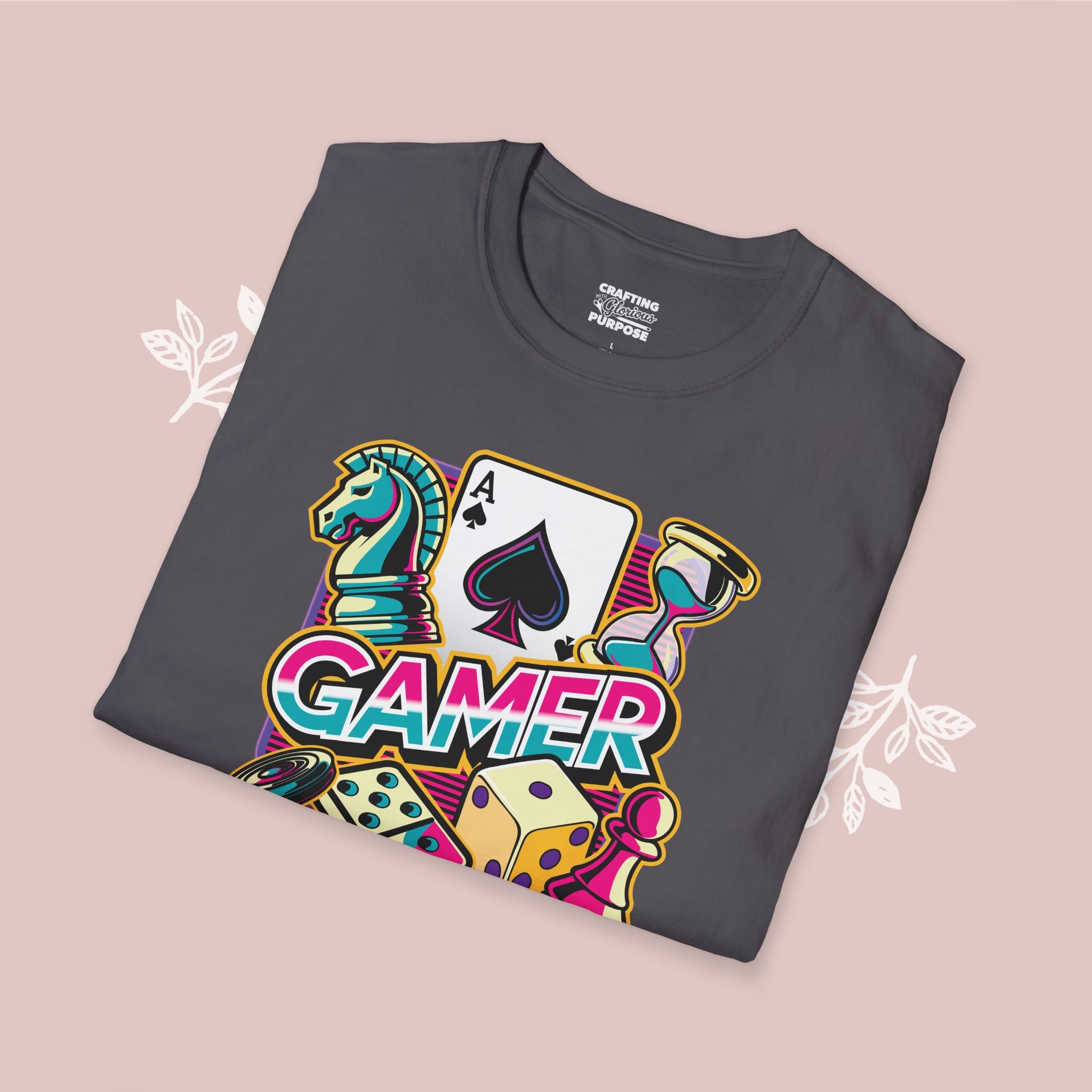 Gamer Board Game Graphic T-Shirt — Retro Dice, Cards & Chess Pieces Design