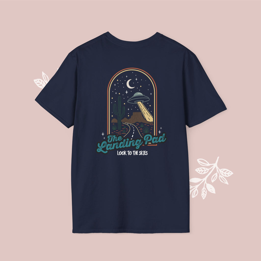 The Landing Pad Tee — "The Landing Pad: Look to the Skies" Retro UFO Graphic T-Shirt