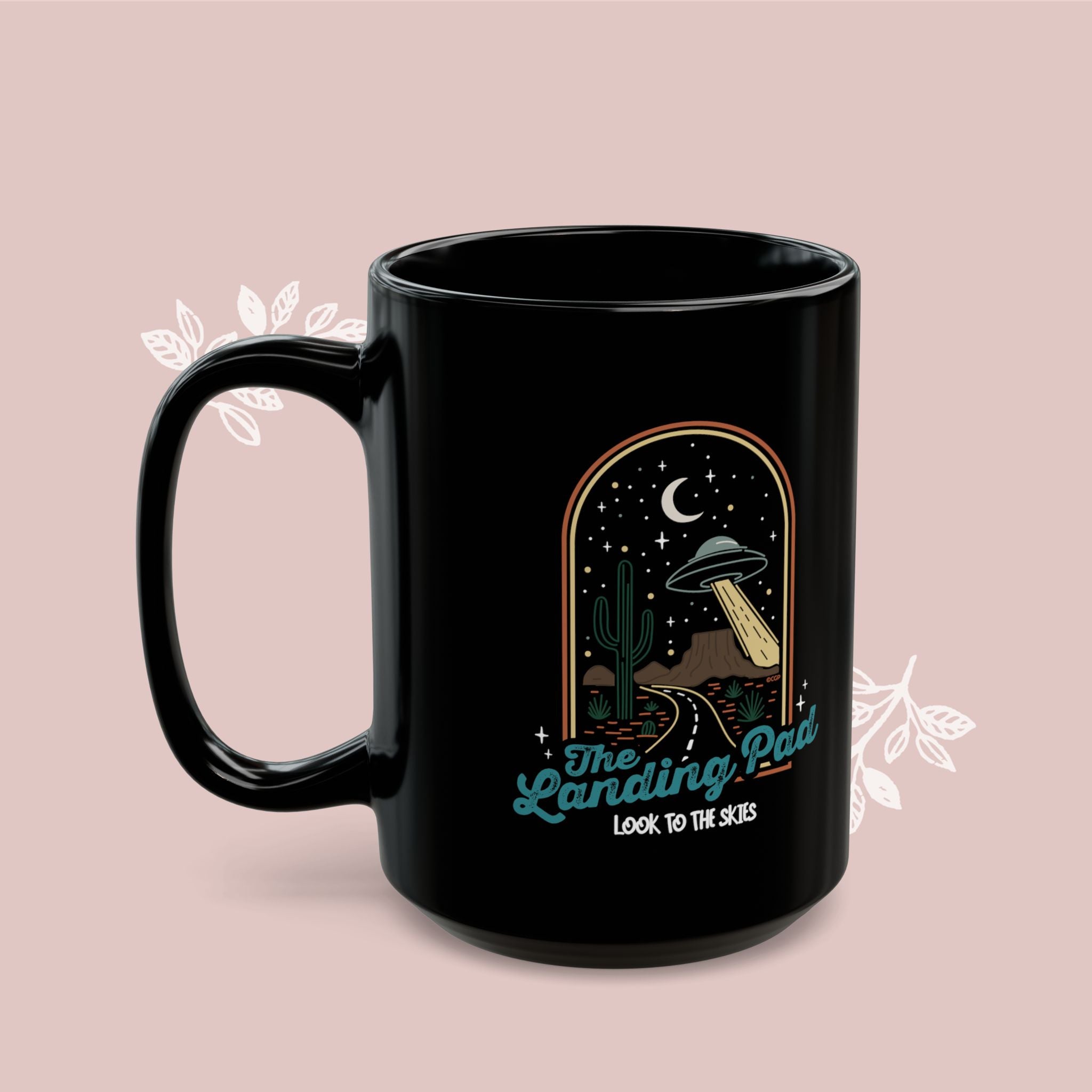 UFO Coffee Mug — "The Landing Pad" Retro Desert Alien Design