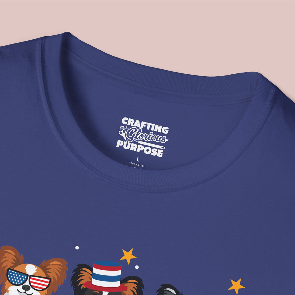 Papillon Patriotic Dog Trio T-Shirt — 'Red, White & Woof' Cute America Graphic Tee