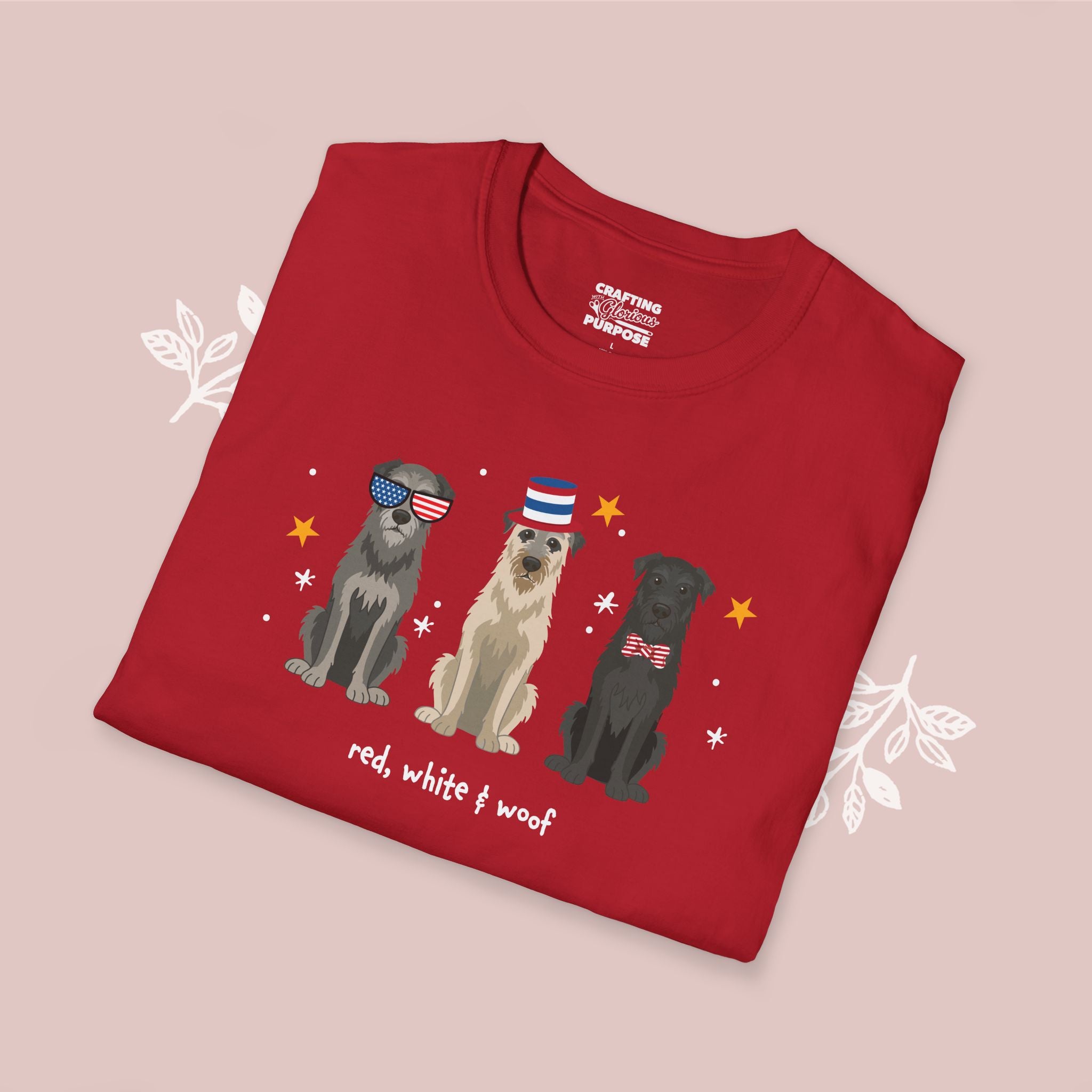 Irish Wolfhound Patriotic Dog Trio T-Shirt — 'Red, White & Woof' Cute America Graphic Tee