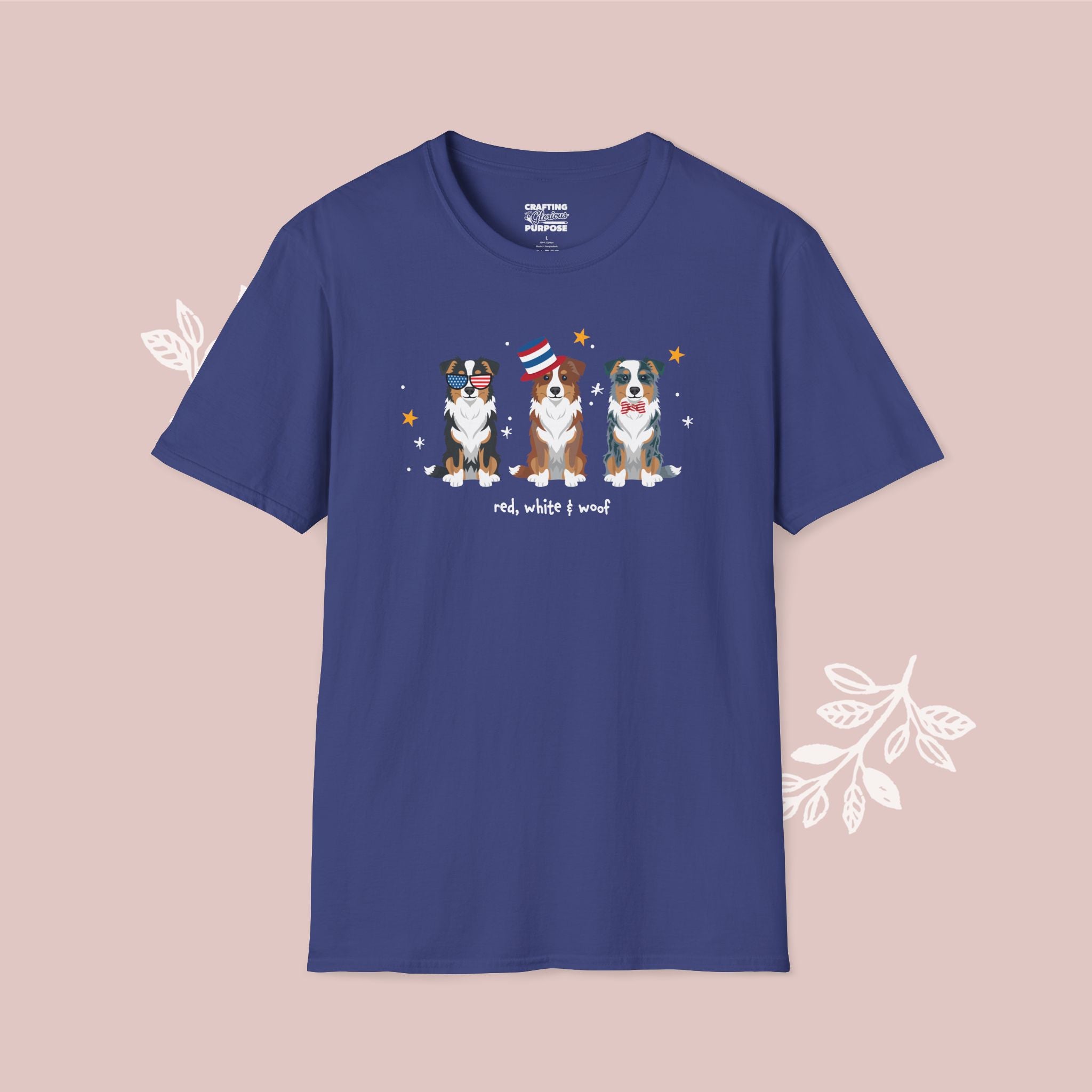 Mini Aussie Patriotic Dog Trio T-Shirt — 'Red, White & Woof' Cute America Graphic Tee