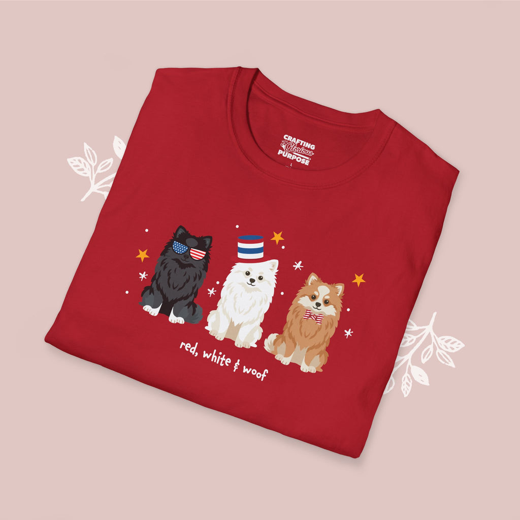 Pomeranian Patriotic Dog Trio T-Shirt — 'Red, White & Woof' Cute America Graphic Tee