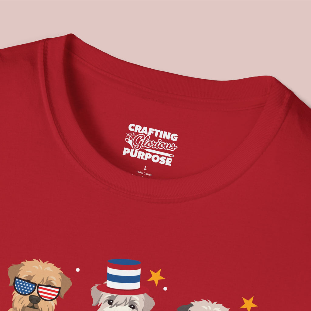 Wheaten Terrier Patriotic Dog Trio T-Shirt — 'Red, White & Woof' Cute America Graphic Tee