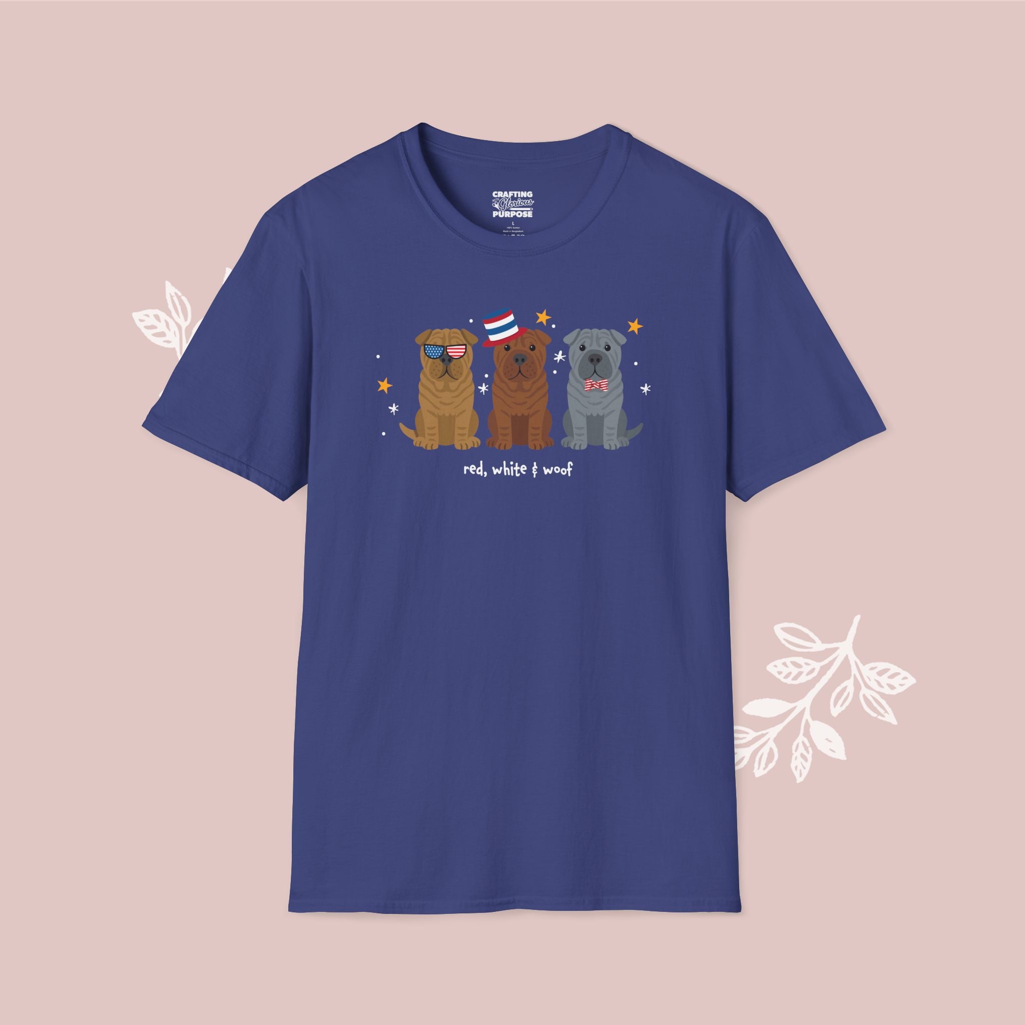 Shar Pei Patriotic Dog Trio T-Shirt — 'Red, White & Woof' Cute America Graphic Tee