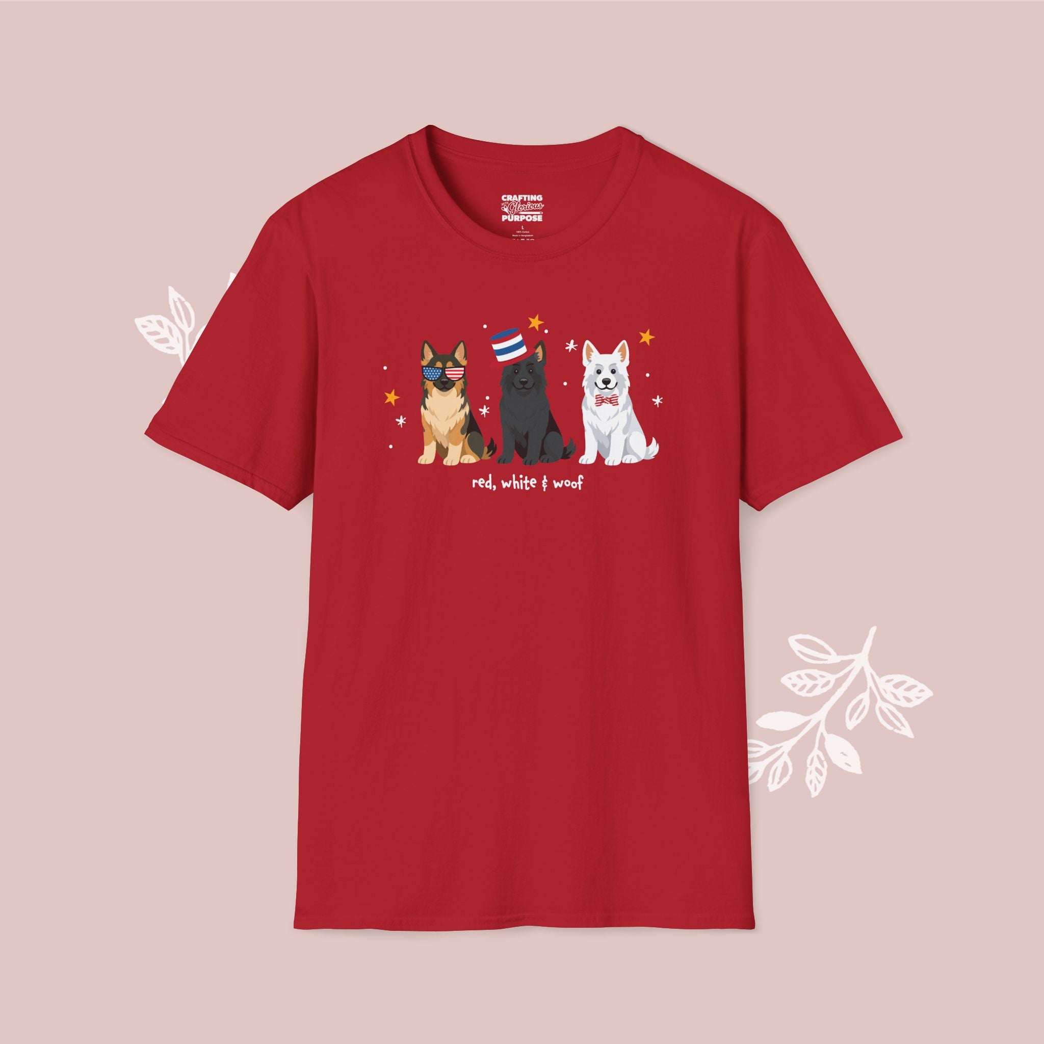 German Shepherd Patriotic Dog Trio T-Shirt — 'Red, White & Woof' Cute America Graphic Tee
