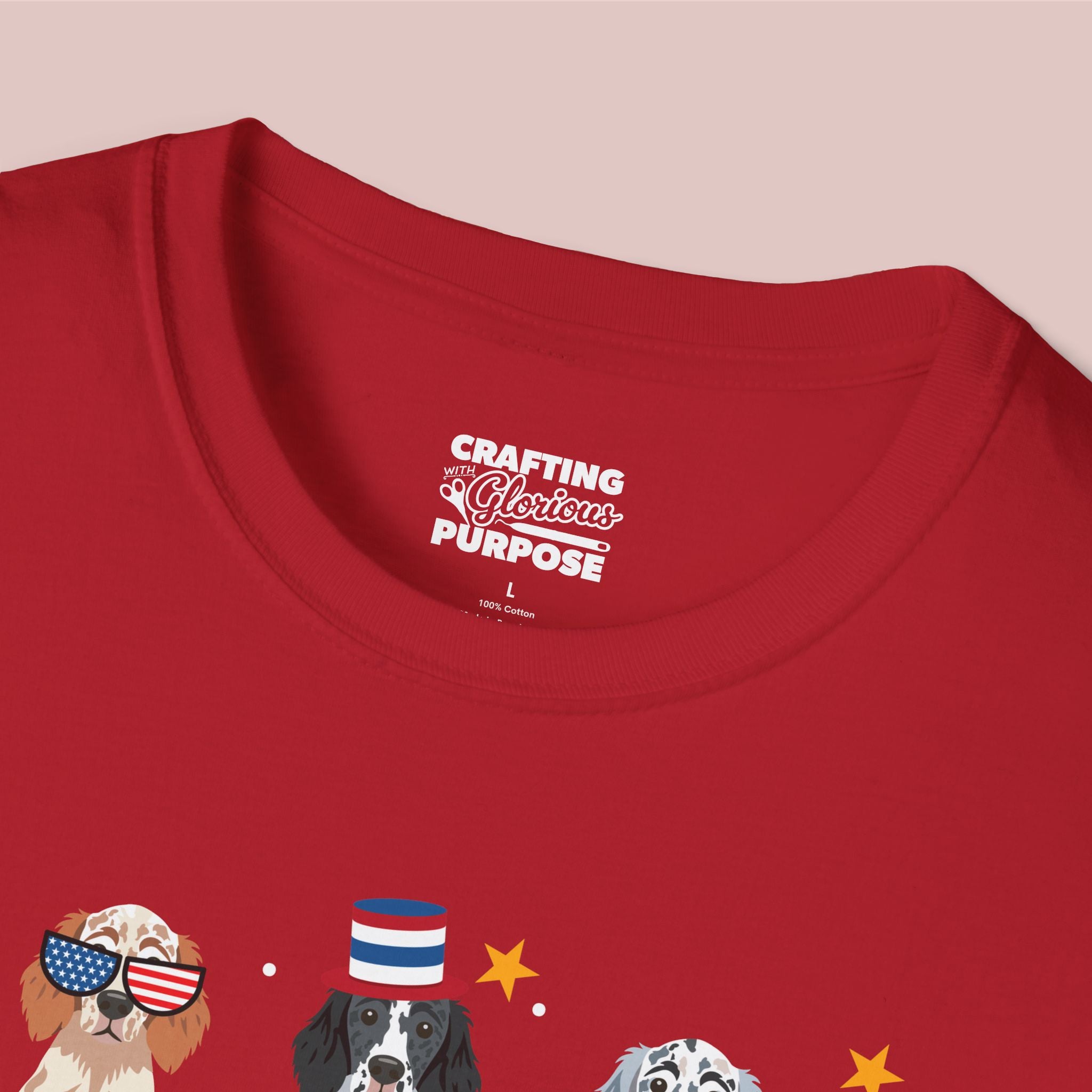 English Setter Patriotic Dog Trio T-Shirt — 'Red, White & Woof' Cute America Graphic Tee
