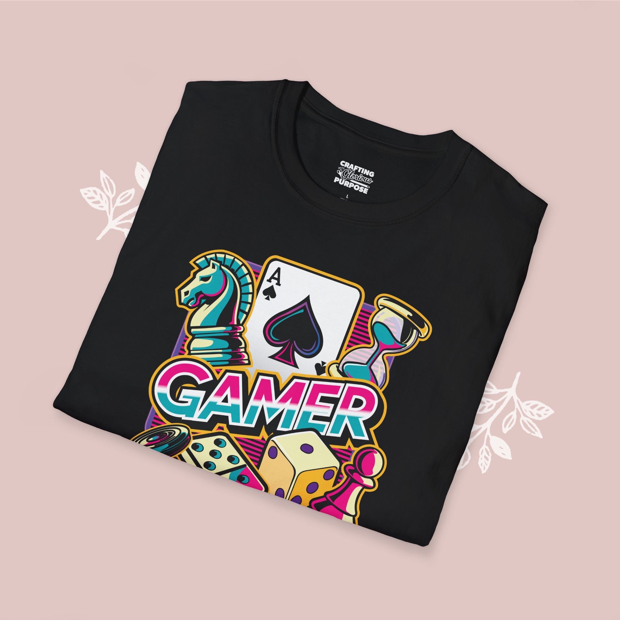 Gamer Board Game Graphic T-Shirt — Retro Dice, Cards & Chess Pieces Design