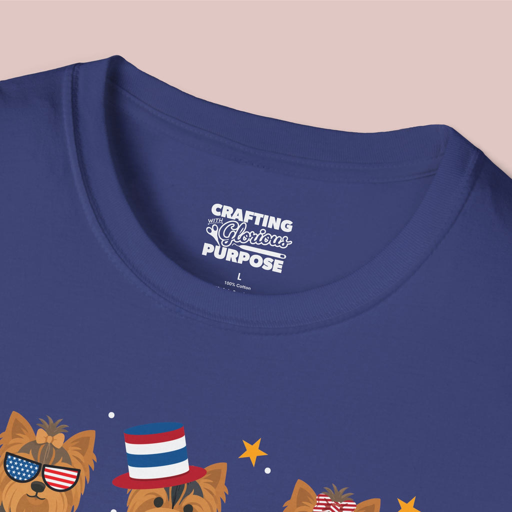 Yorkshire Terrier Patriotic Dog Trio T-Shirt — 'Red, White & Woof' Cute America Graphic Tee