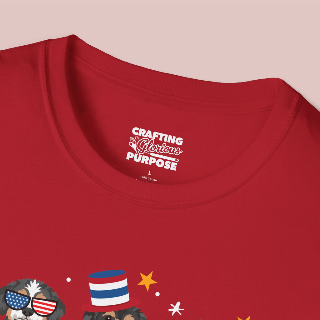 Aussiedoodle Patriotic Dog Trio T-Shirt — 'Red, White & Woof' Cute America Graphic Tee