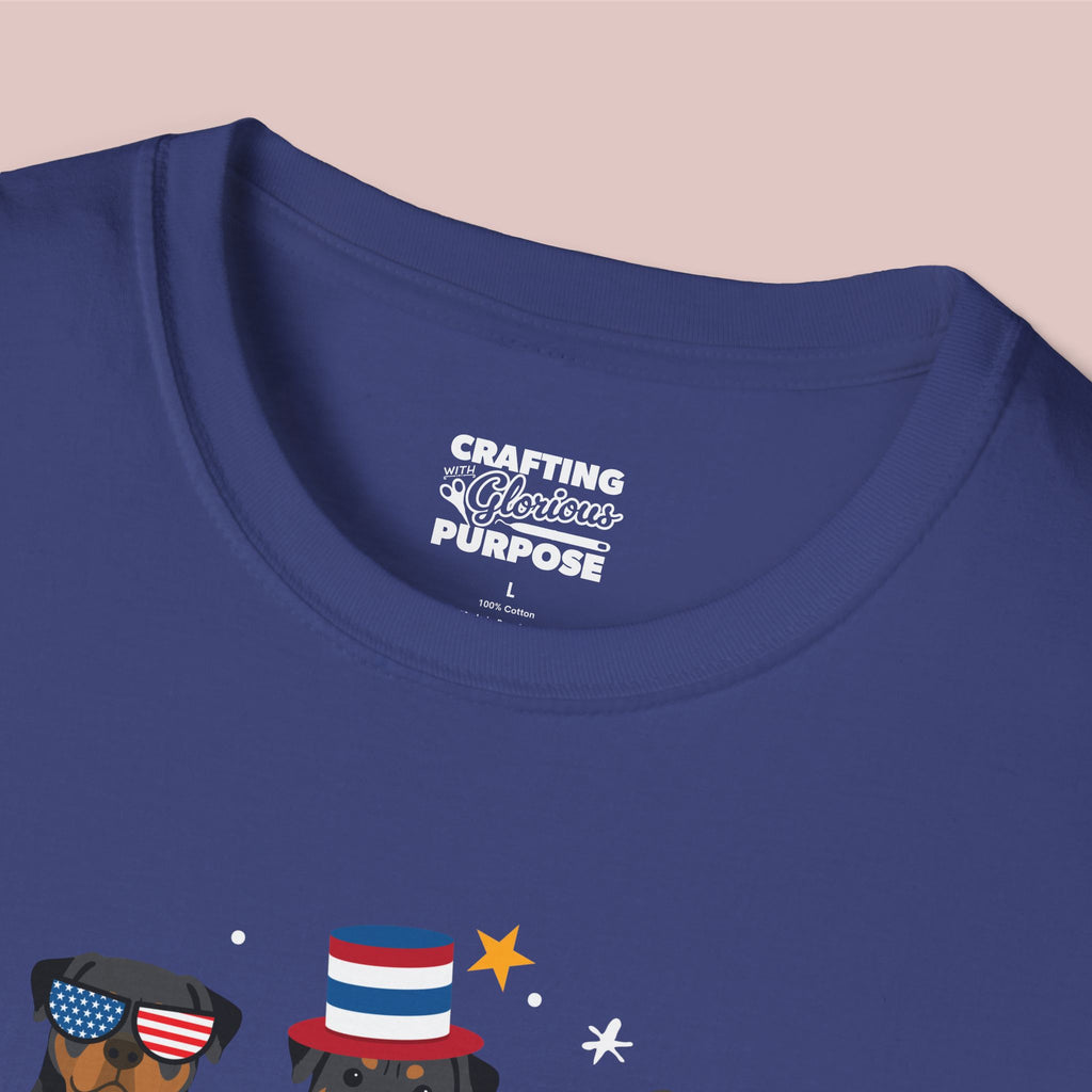 Rottweiler Patriotic Dog Trio T-Shirt — 'Red, White & Woof' Cute America Graphic Tee