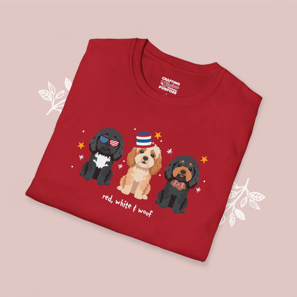 Cavapoo Patriotic Dog Trio T-Shirt — 'Red, White & Woof' Cute America Graphic Tee