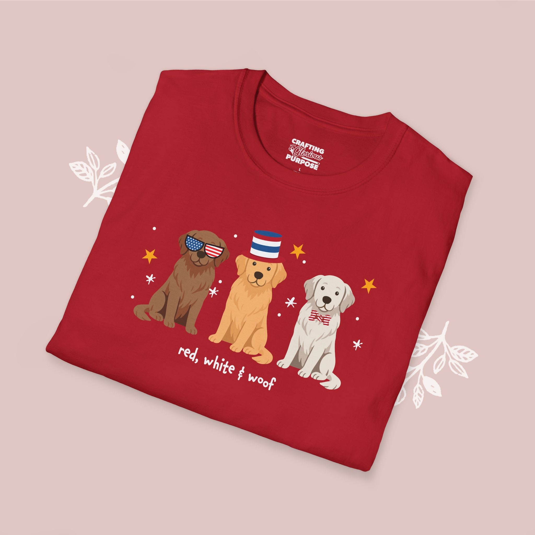 Golden Retriever Patriotic Dog Trio T-Shirt — 'Red, White & Woof' Cute America Graphic Tee