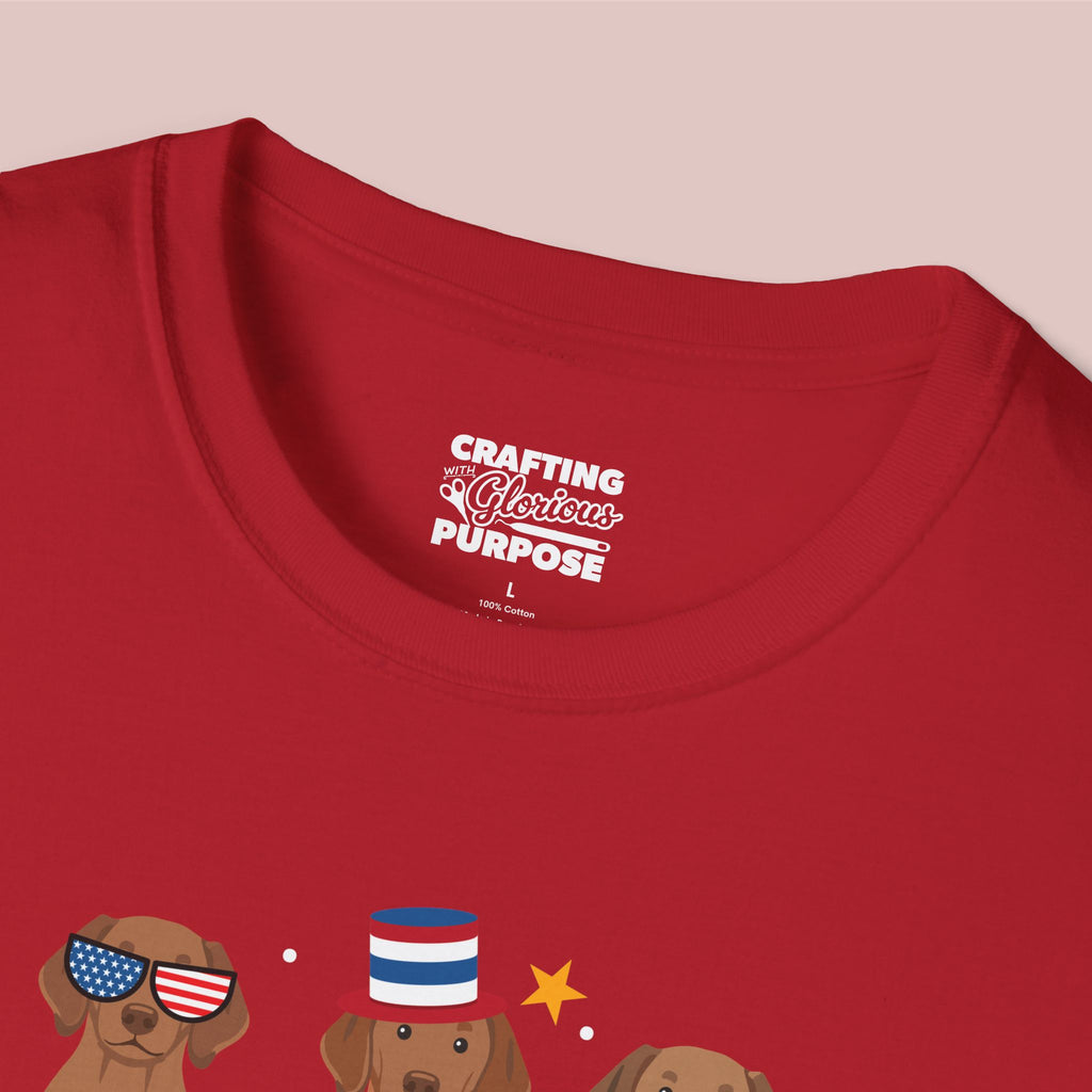 Vizsla Patriotic Dog Trio T-Shirt — 'Red, White & Woof' Cute America Graphic Tee