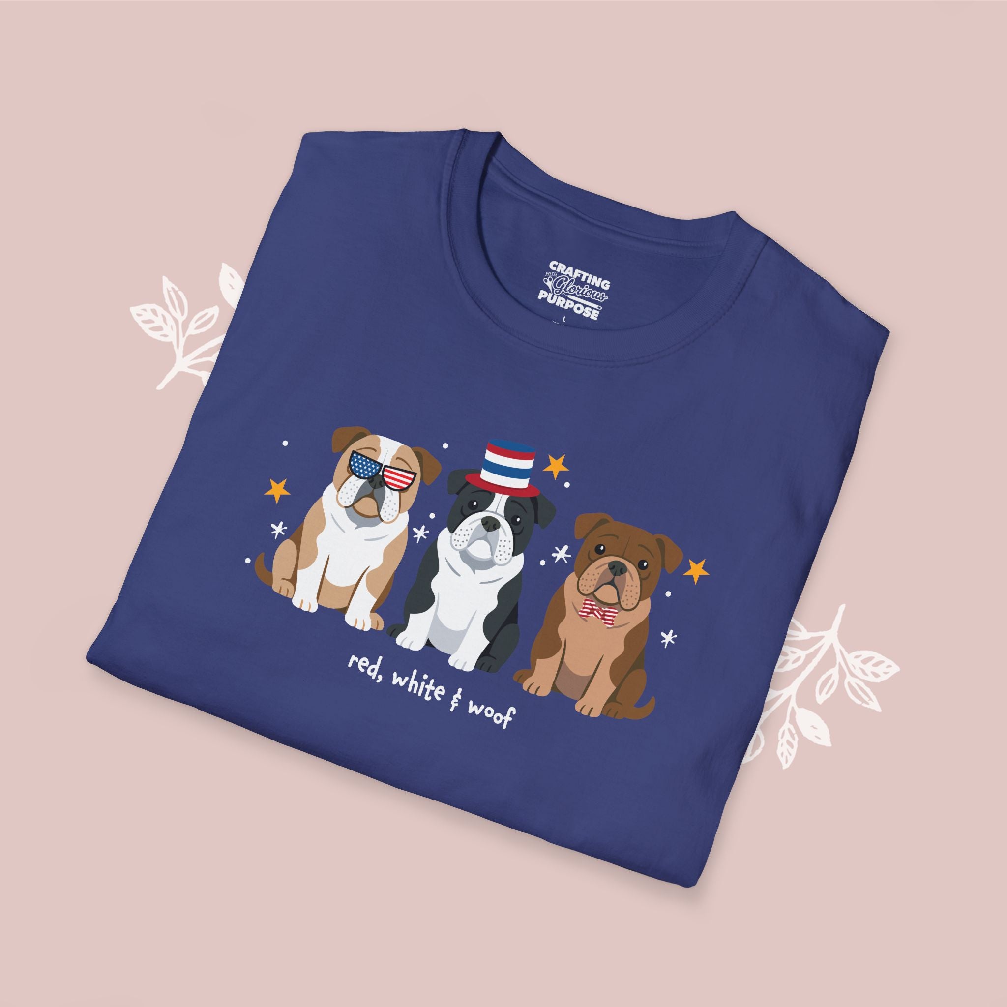 English Bulldog Patriotic Dog Trio T-Shirt — 'Red, White & Woof' Cute America Graphic Tee