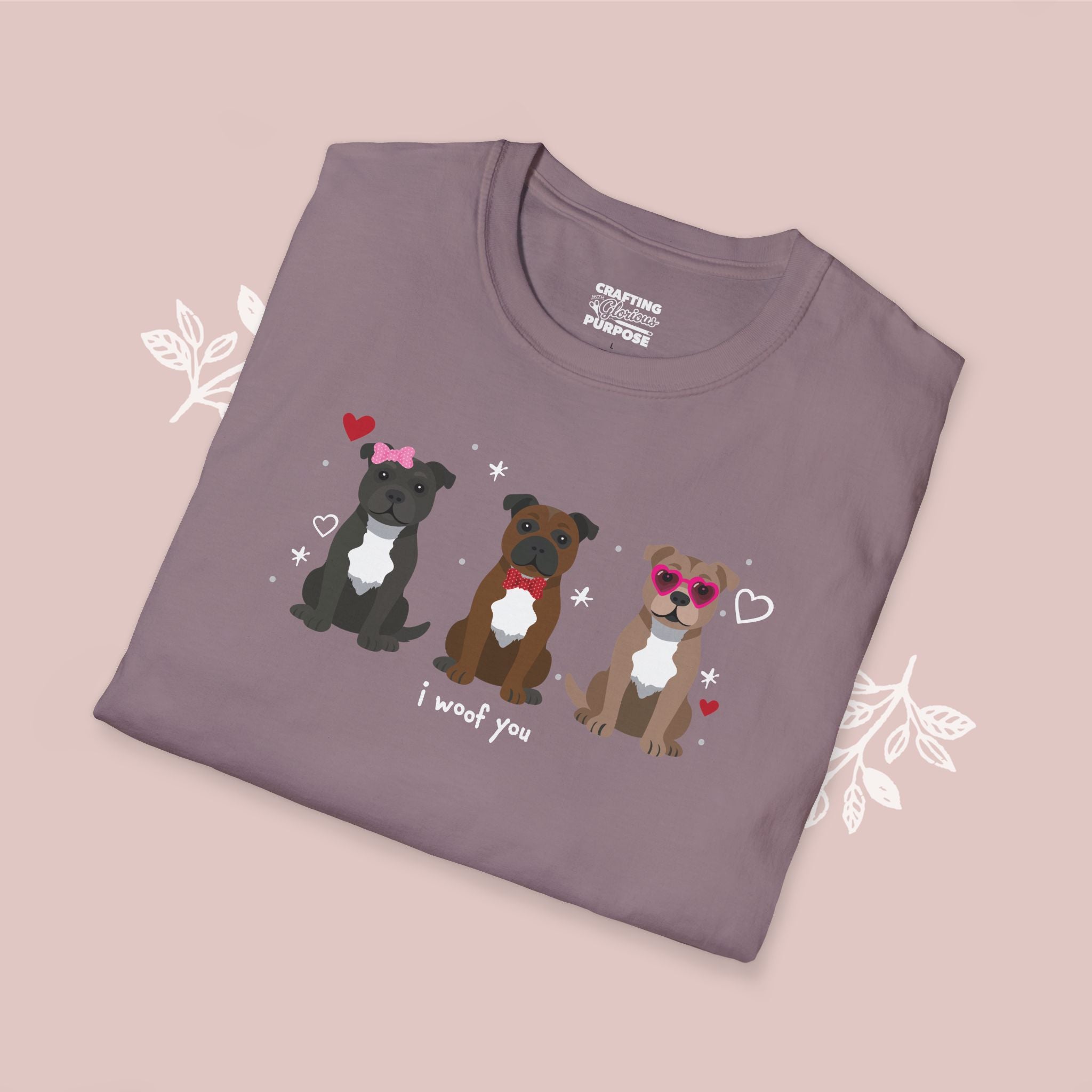 I Woof You Cute Staffordshire Bull Terrier Trio Dog Tee — Valentine's T-Shirt