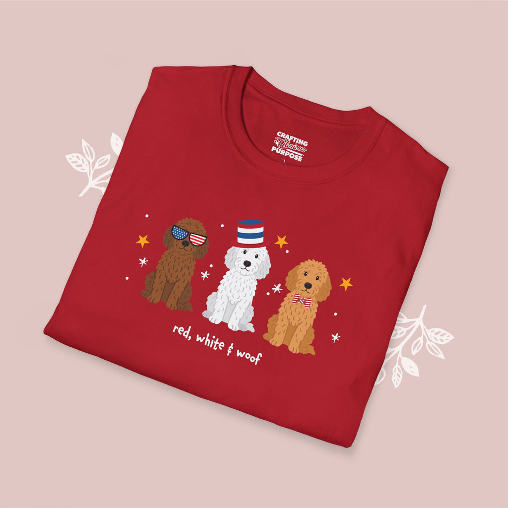 Goldendoodle Patriotic Dog Trio T-Shirt — 'Red, White & Woof' Cute America Graphic Tee