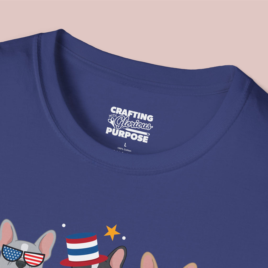 French Bulldog Patriotic Dog Trio T-Shirt — 'Red, White & Woof' Cute America Graphic Tee