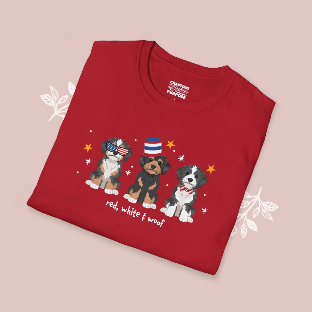 Aussiedoodle Patriotic Dog Trio T-Shirt — 'Red, White & Woof' Cute America Graphic Tee