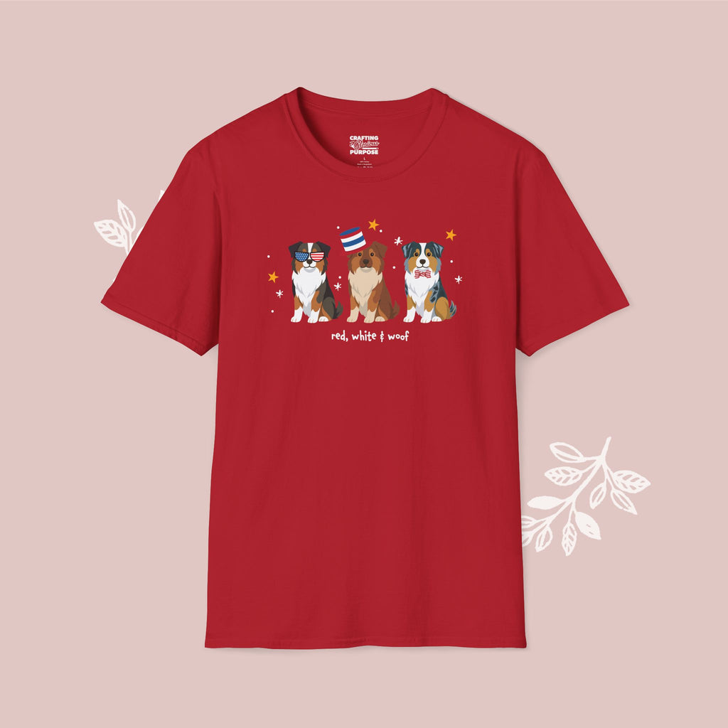 Australian Shepherd Patriotic Dog Trio T-Shirt — 'Red, White & Woof' Cute America Graphic Tee