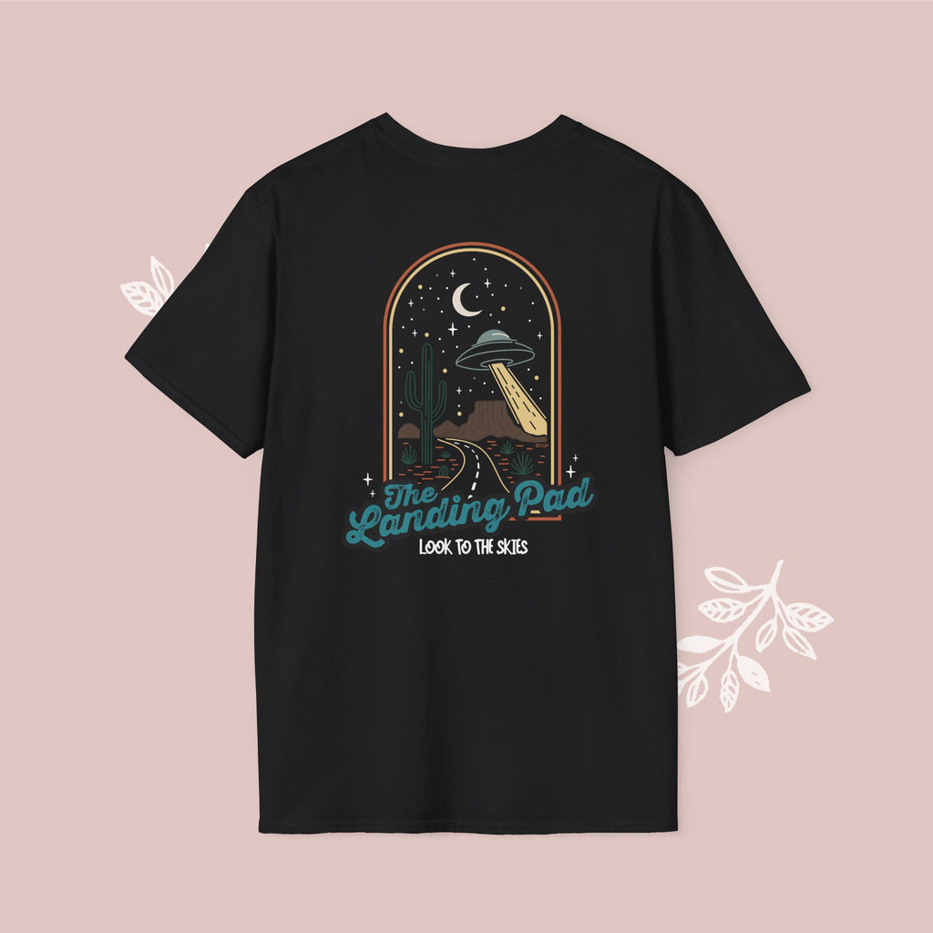 The Landing Pad Tee — "The Landing Pad: Look to the Skies" Retro UFO Graphic T-Shirt