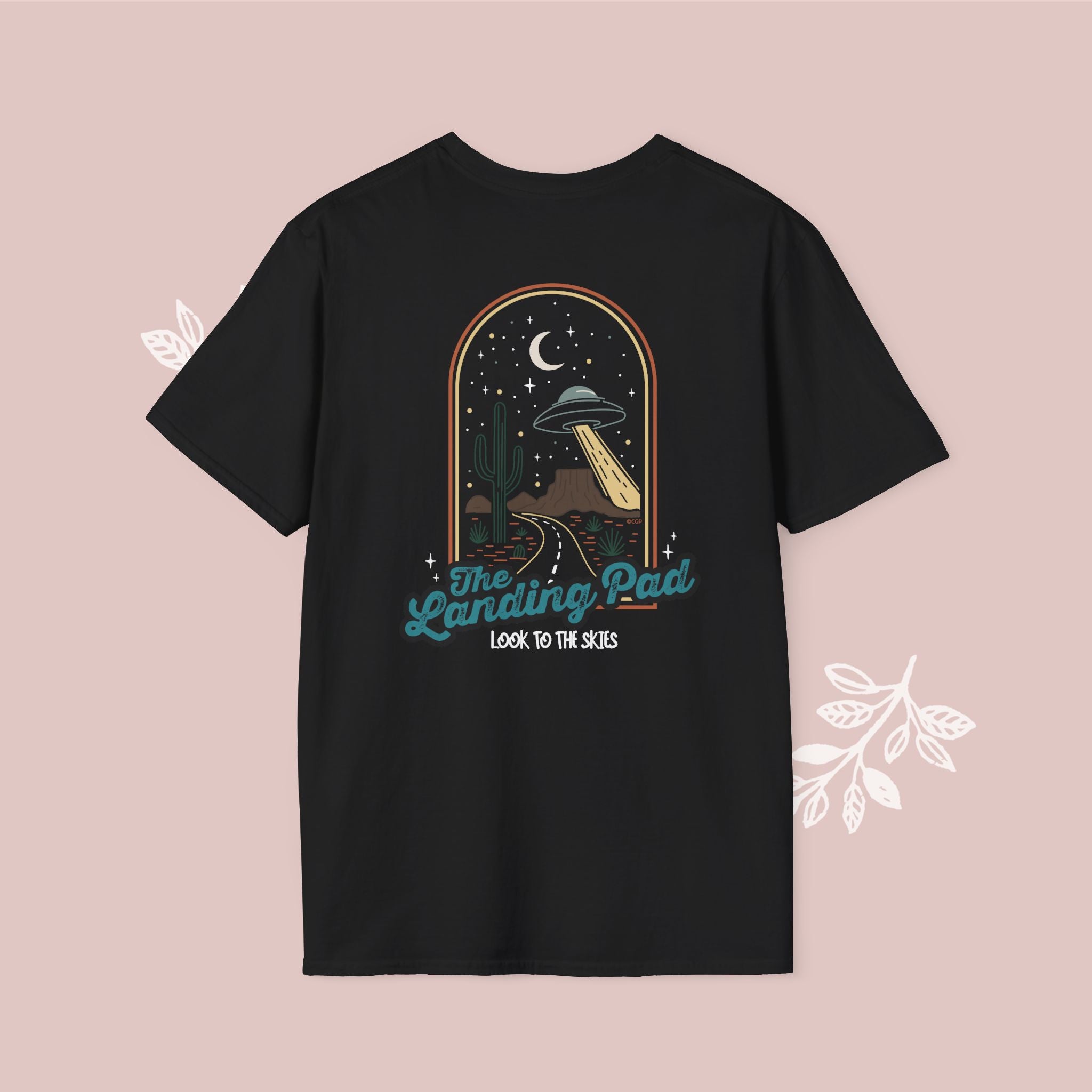 The Landing Pad Tee — "The Landing Pad: Look to the Skies" Retro UFO Graphic T-Shirt
