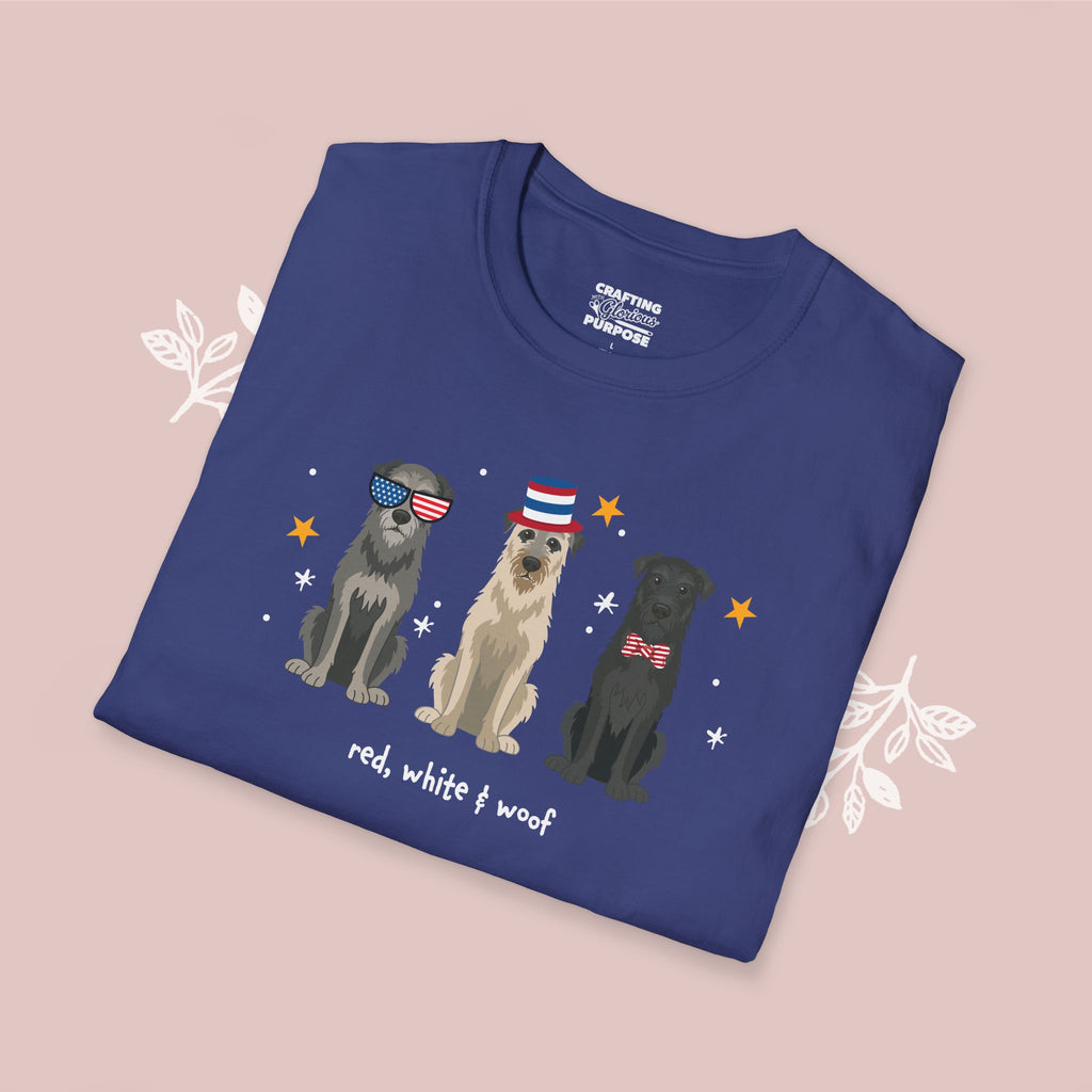 Irish Wolfhound Patriotic Dog Trio T-Shirt — 'Red, White & Woof' Cute America Graphic Tee