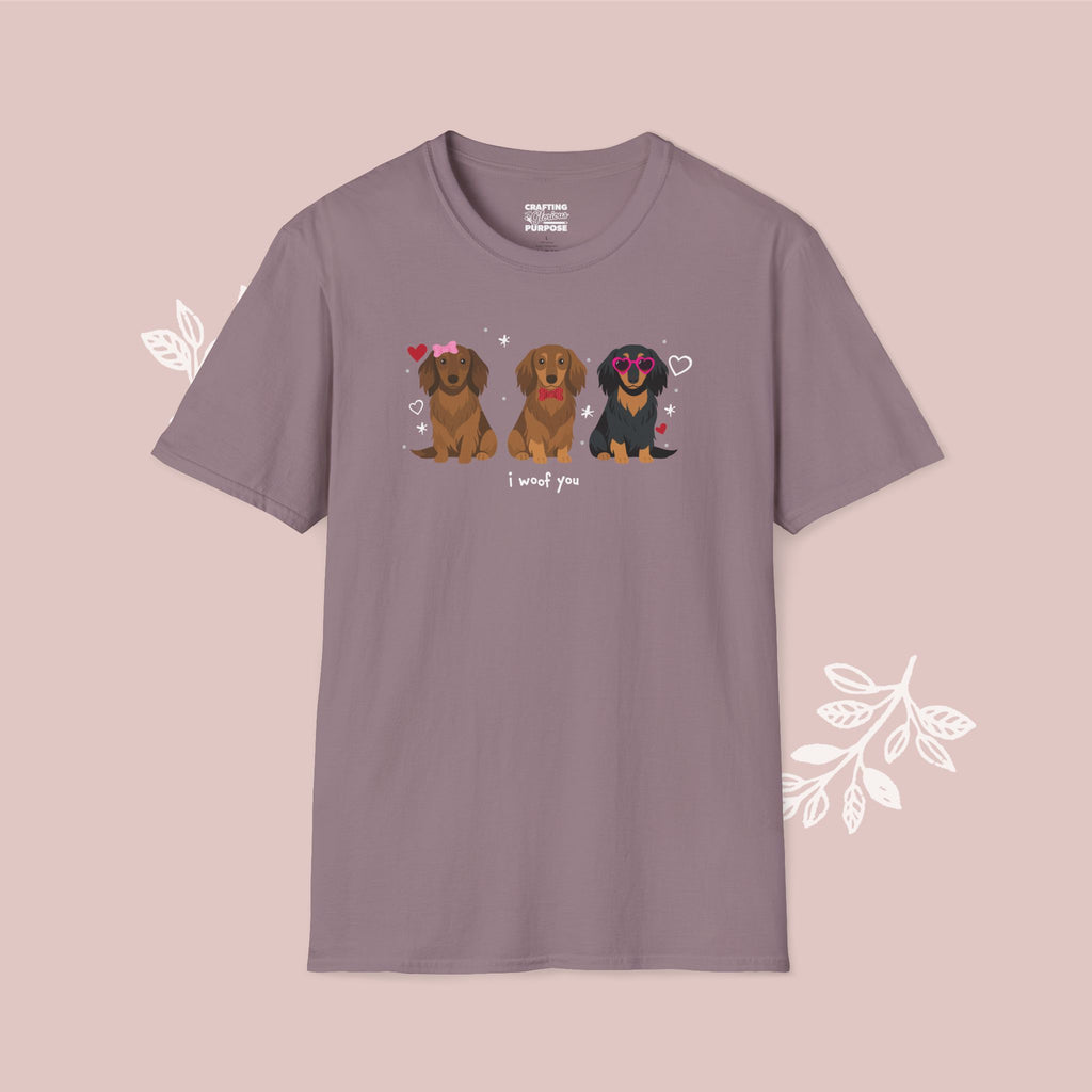 I Woof You Cute Dachshund (Long Haired) Trio Dog Tee — Valentine's T-Shirt