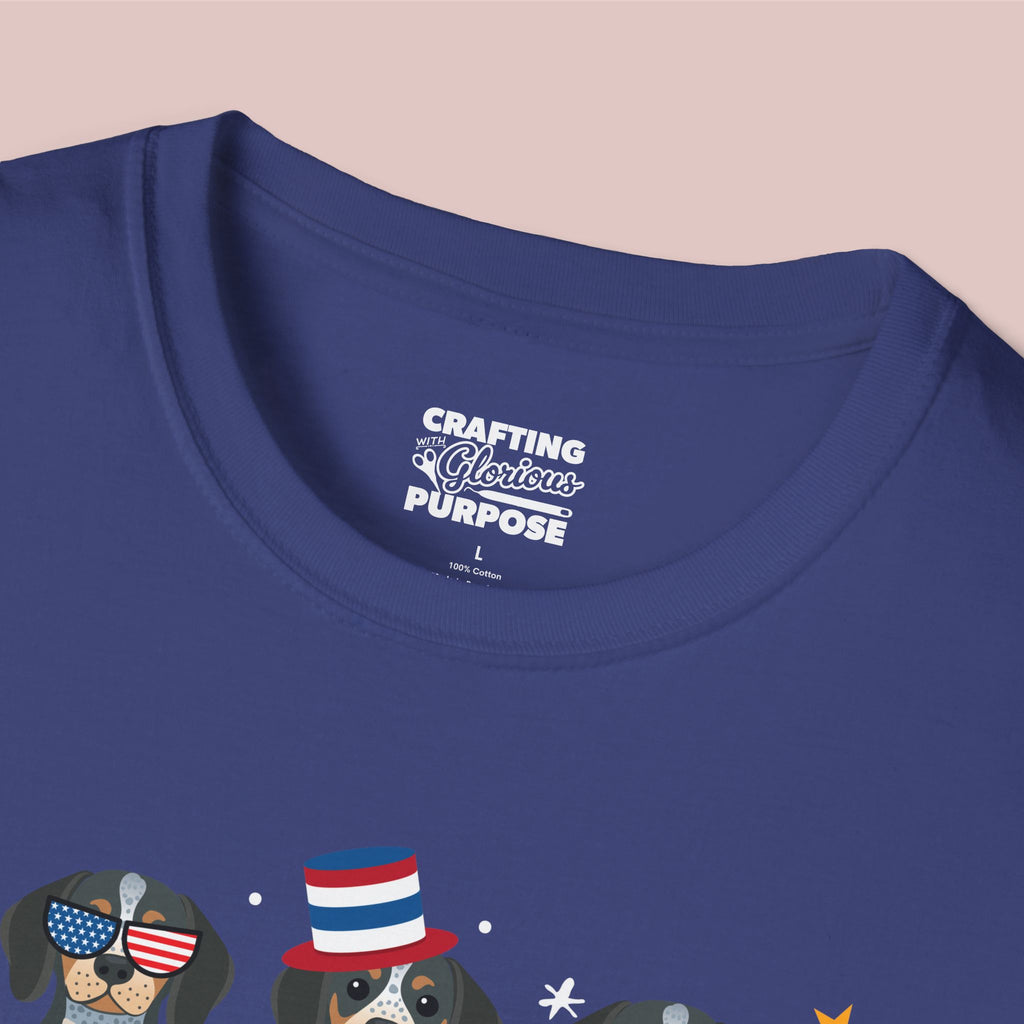 Bluetick Coonhound Patriotic Dog Trio T-Shirt — 'Red, White & Woof' Cute America Graphic Tee