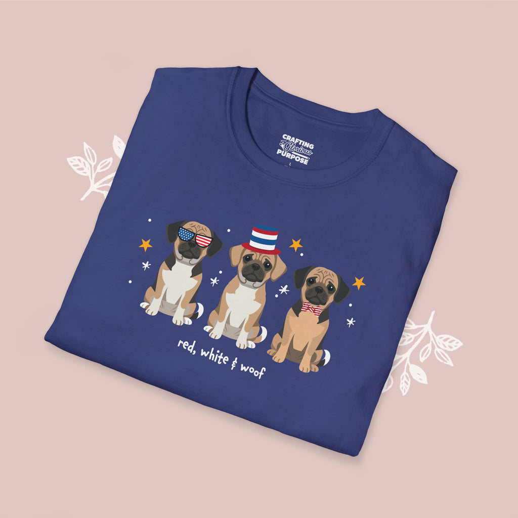 Puggle Patriotic Dog Trio T-Shirt — 'Red, White & Woof' Cute America Graphic Tee