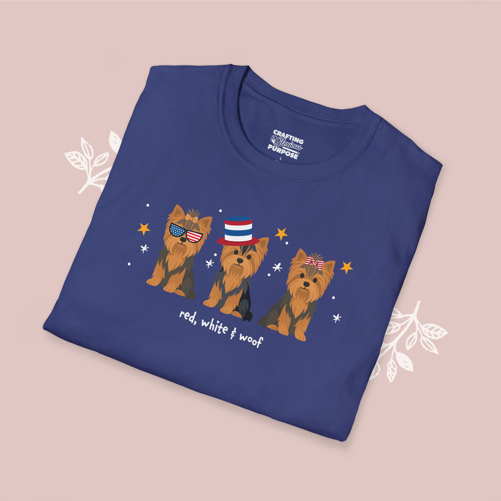 Yorkshire Terrier Patriotic Dog Trio T-Shirt — 'Red, White & Woof' Cute America Graphic Tee