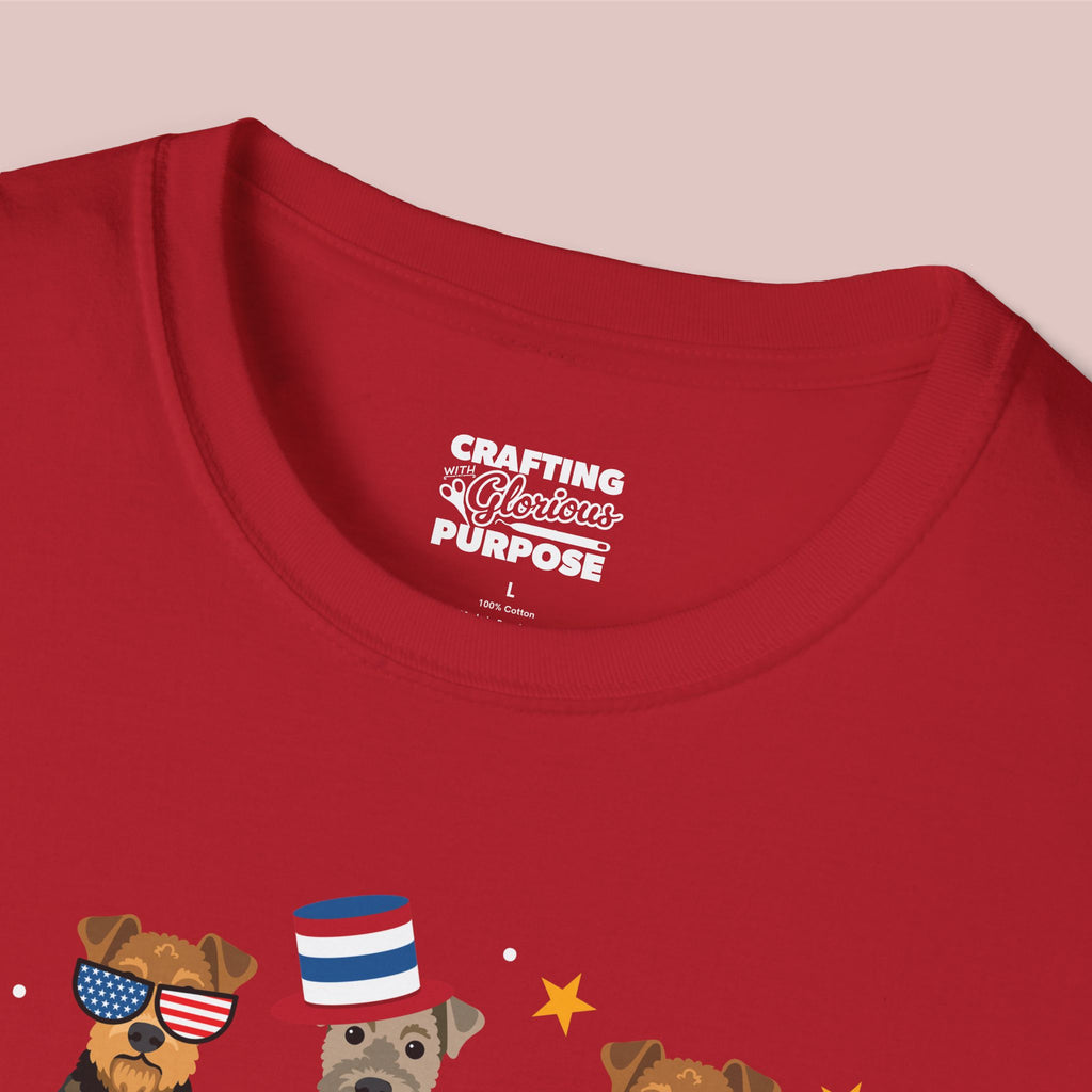 Airedale Terrier Patriotic Dog Trio T-Shirt — 'Red, White & Woof' Cute America Graphic Tee