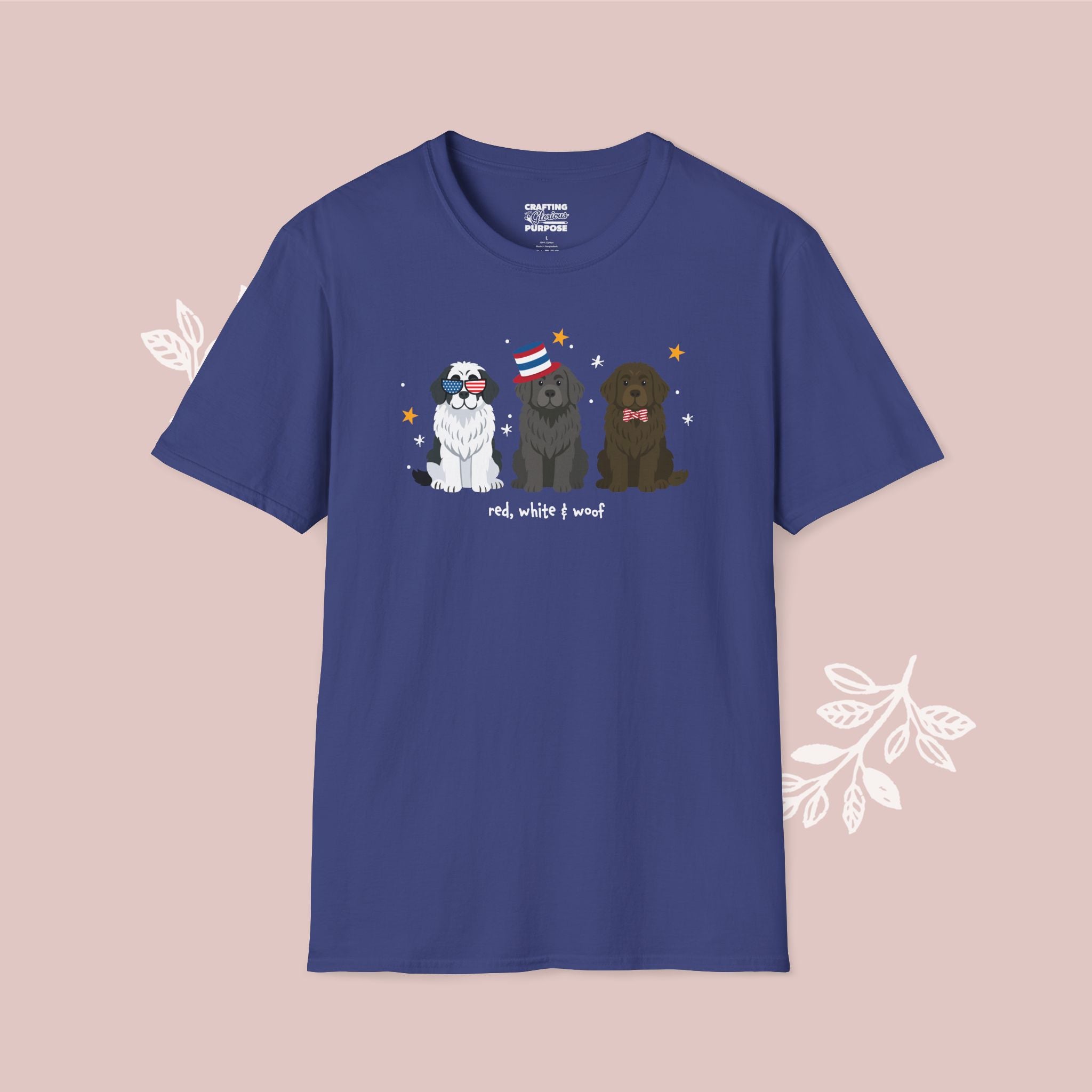 Newfoundland Patriotic Dog Trio T-Shirt — 'Red, White & Woof' Cute America Graphic Tee