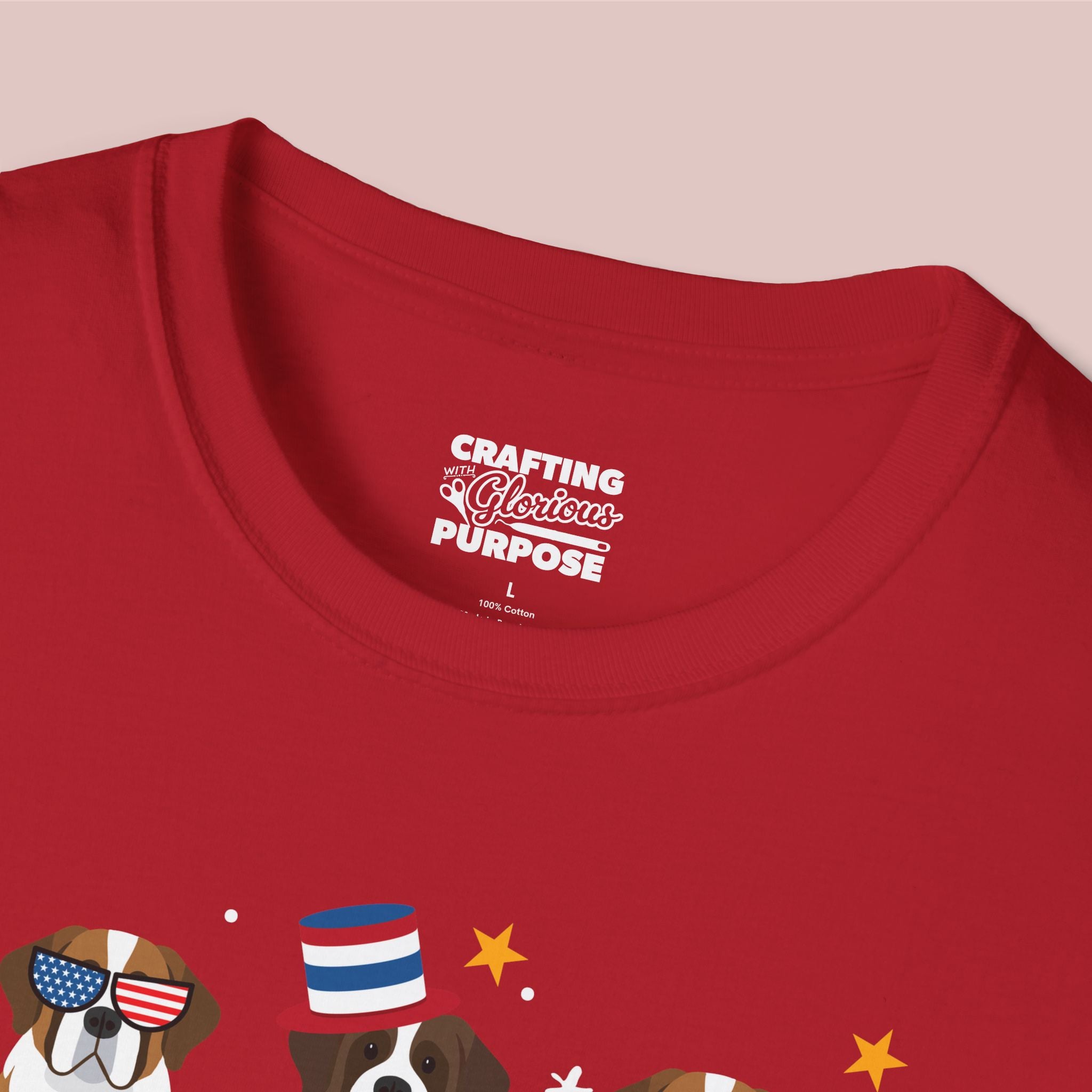 Saint Bernard Patriotic Dog Trio T-Shirt — 'Red, White & Woof' Cute America Graphic Tee