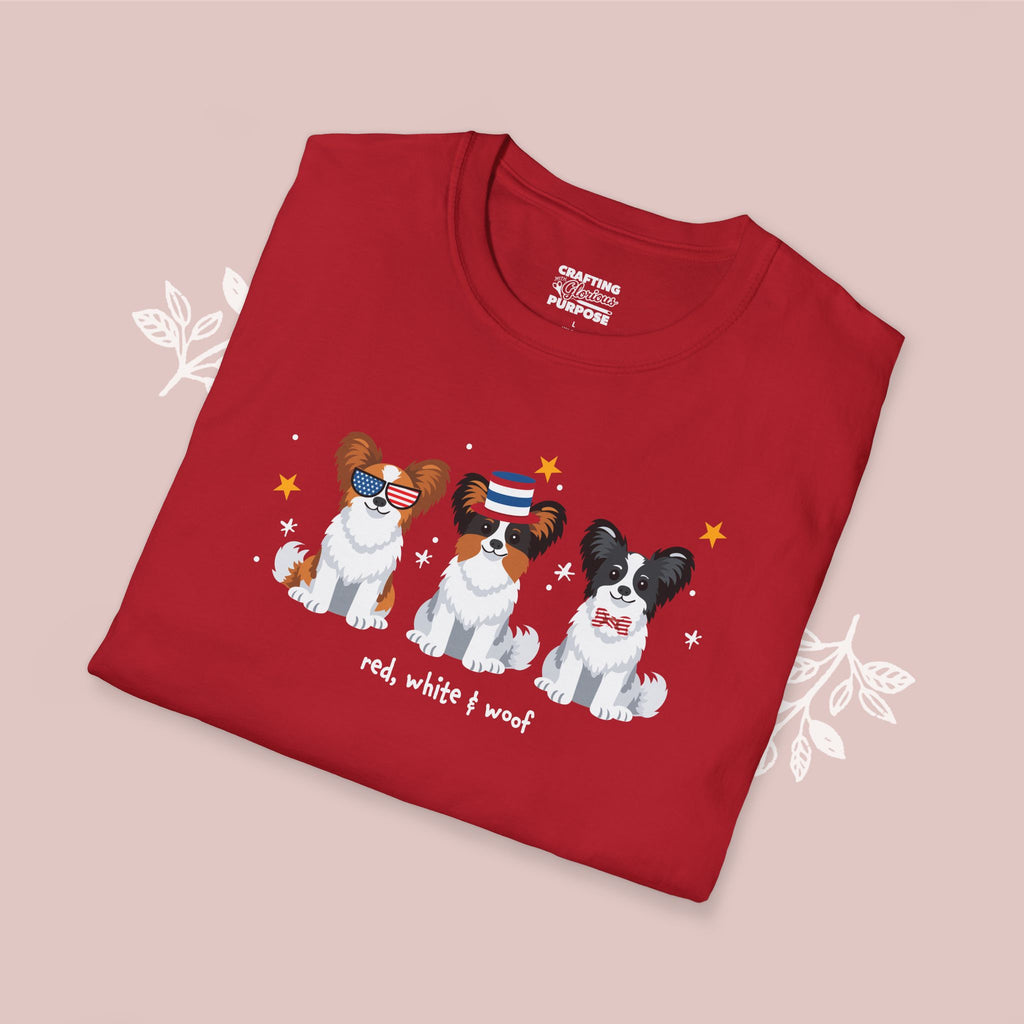 Papillon Patriotic Dog Trio T-Shirt — 'Red, White & Woof' Cute America Graphic Tee