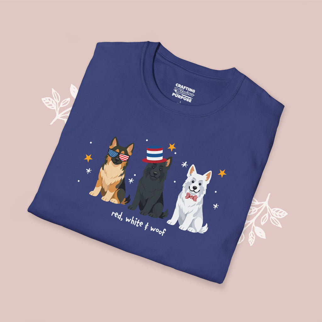 German Shepherd Patriotic Dog Trio T-Shirt — 'Red, White & Woof' Cute America Graphic Tee