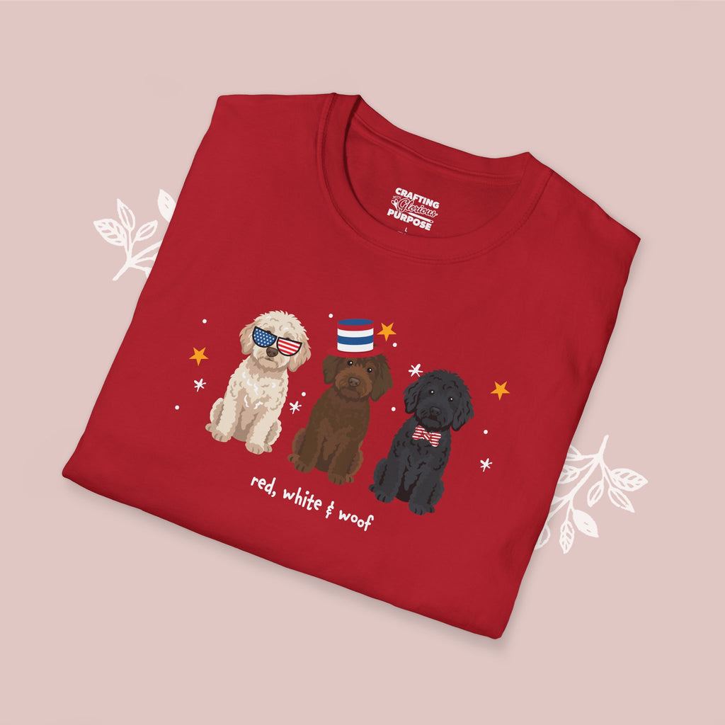 Labradoodle Patriotic Dog Trio T-Shirt — 'Red, White & Woof' Cute America Graphic Tee