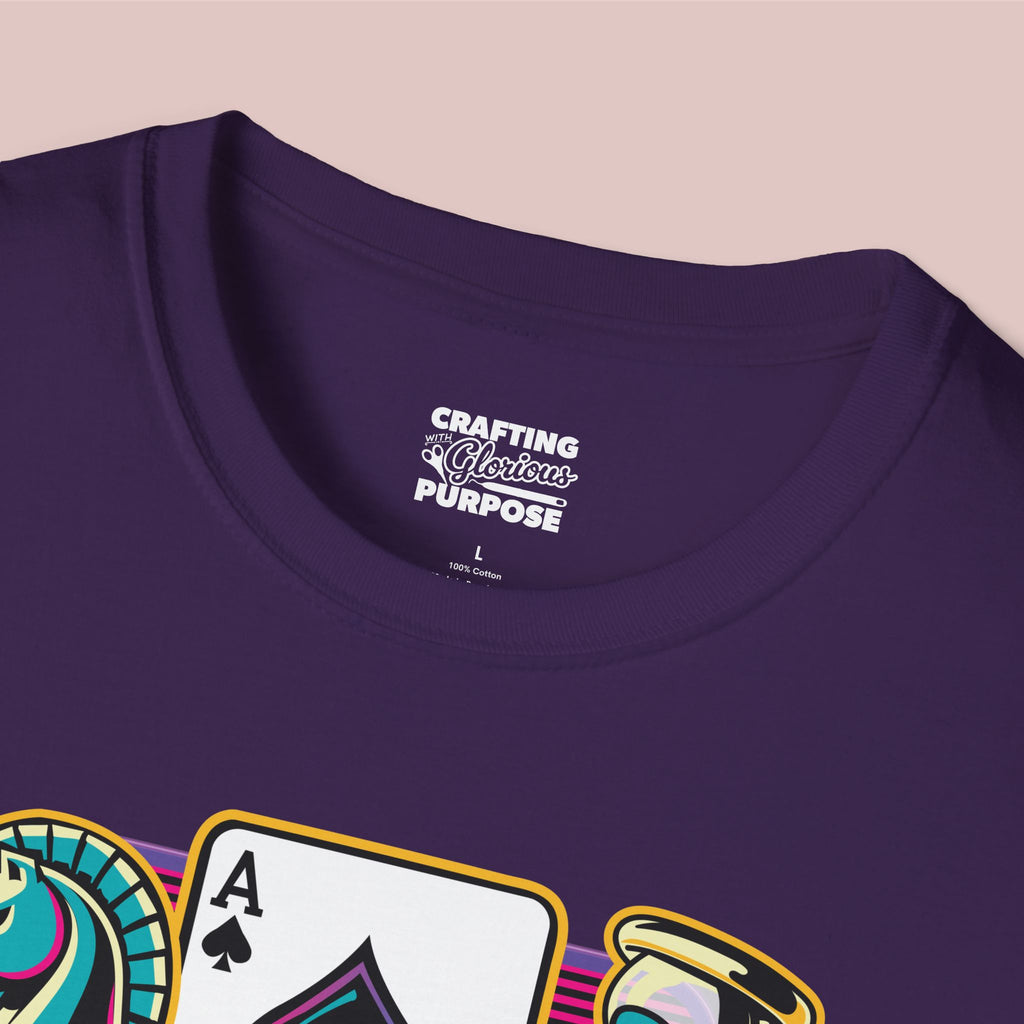 Gamer Board Game Graphic T-Shirt — Retro Dice, Cards & Chess Pieces Design